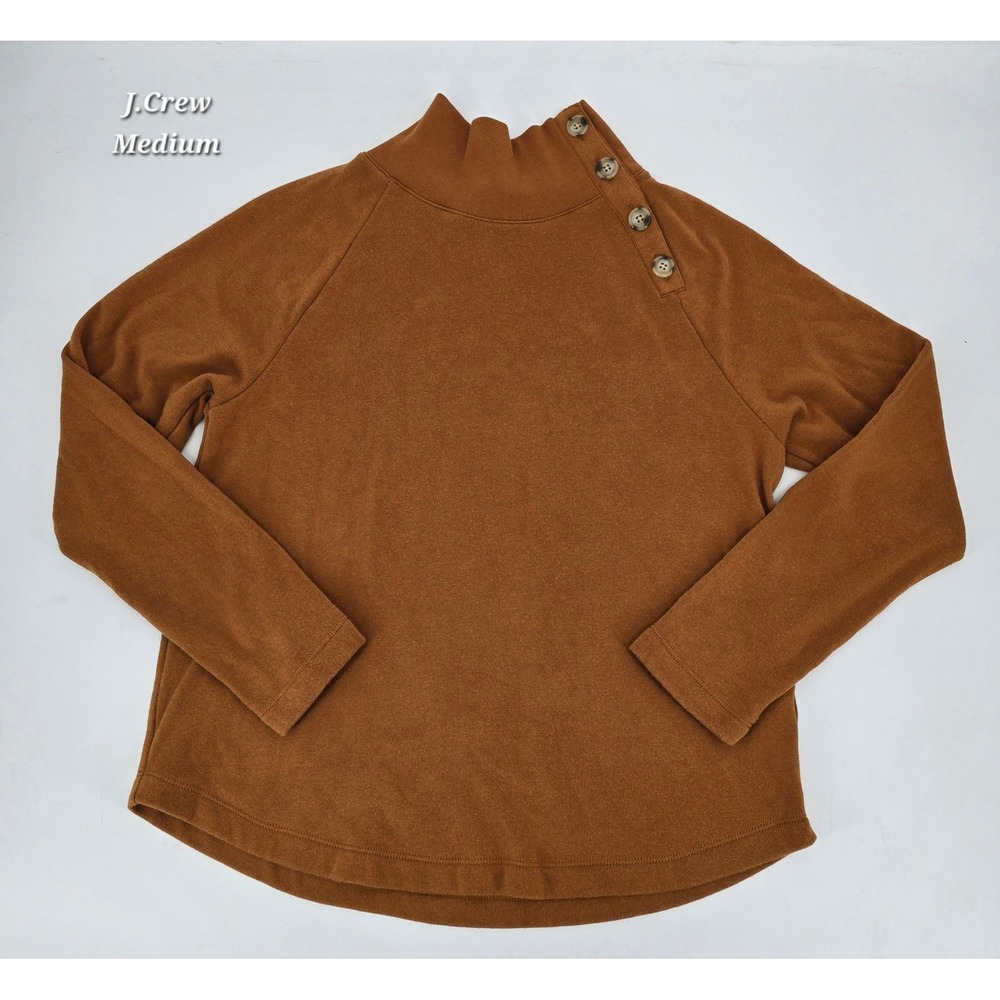 J.Crew Women's Medium Brown Mock Neck Button Shoulder Sweatshirt Autumn Preppy
